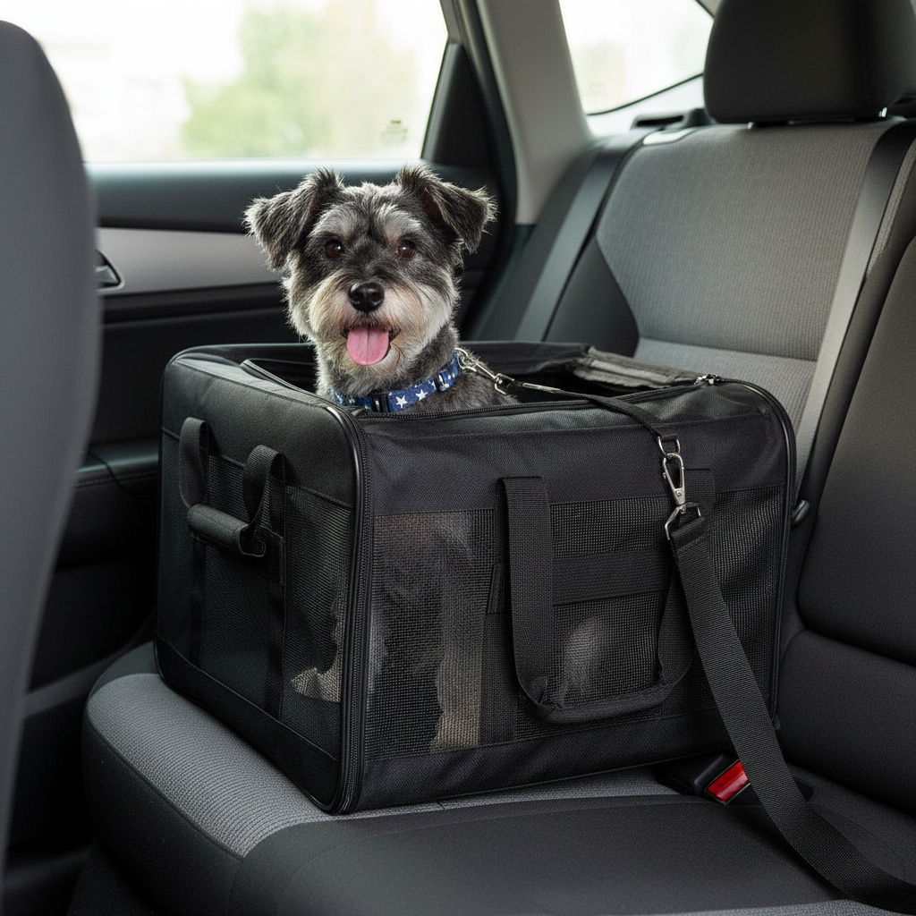 Dog in carrier secured in car