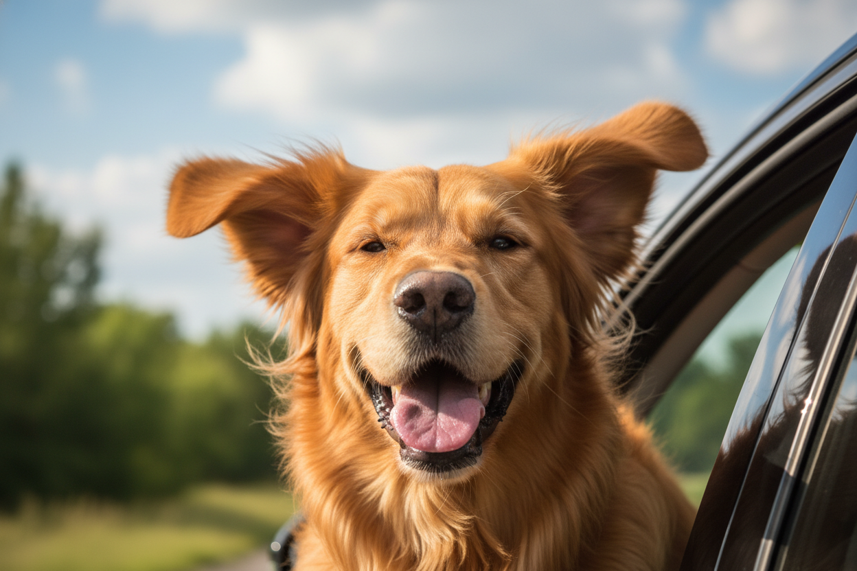 make a dog that in a moving car with its head sticking out of the window into the breeze you know how dogs do