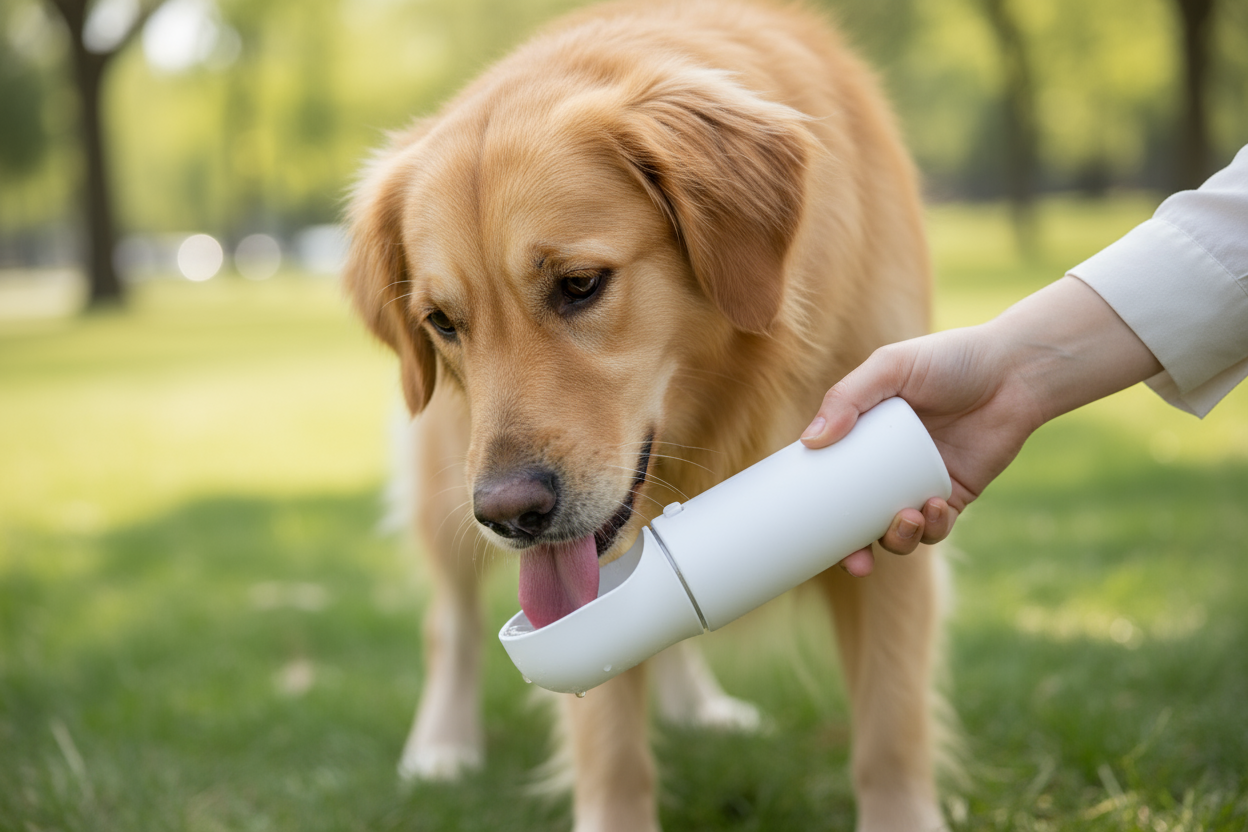 make the dog looking at the feeder and make it so the dog has to bend to drink